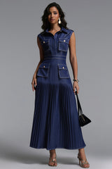 Jouy Elegant Tailored Sleeveless Pleated Denim Maxi Dress