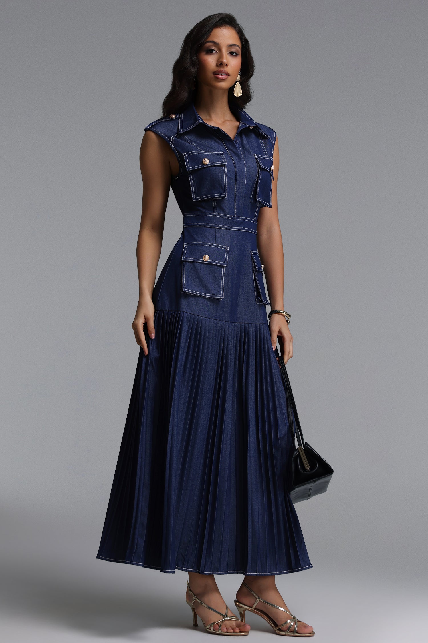 Jouy Elegant Tailored Sleeveless Pleated Denim Maxi Dress
