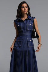 Jouy Elegant Tailored Sleeveless Pleated Denim Maxi Dress