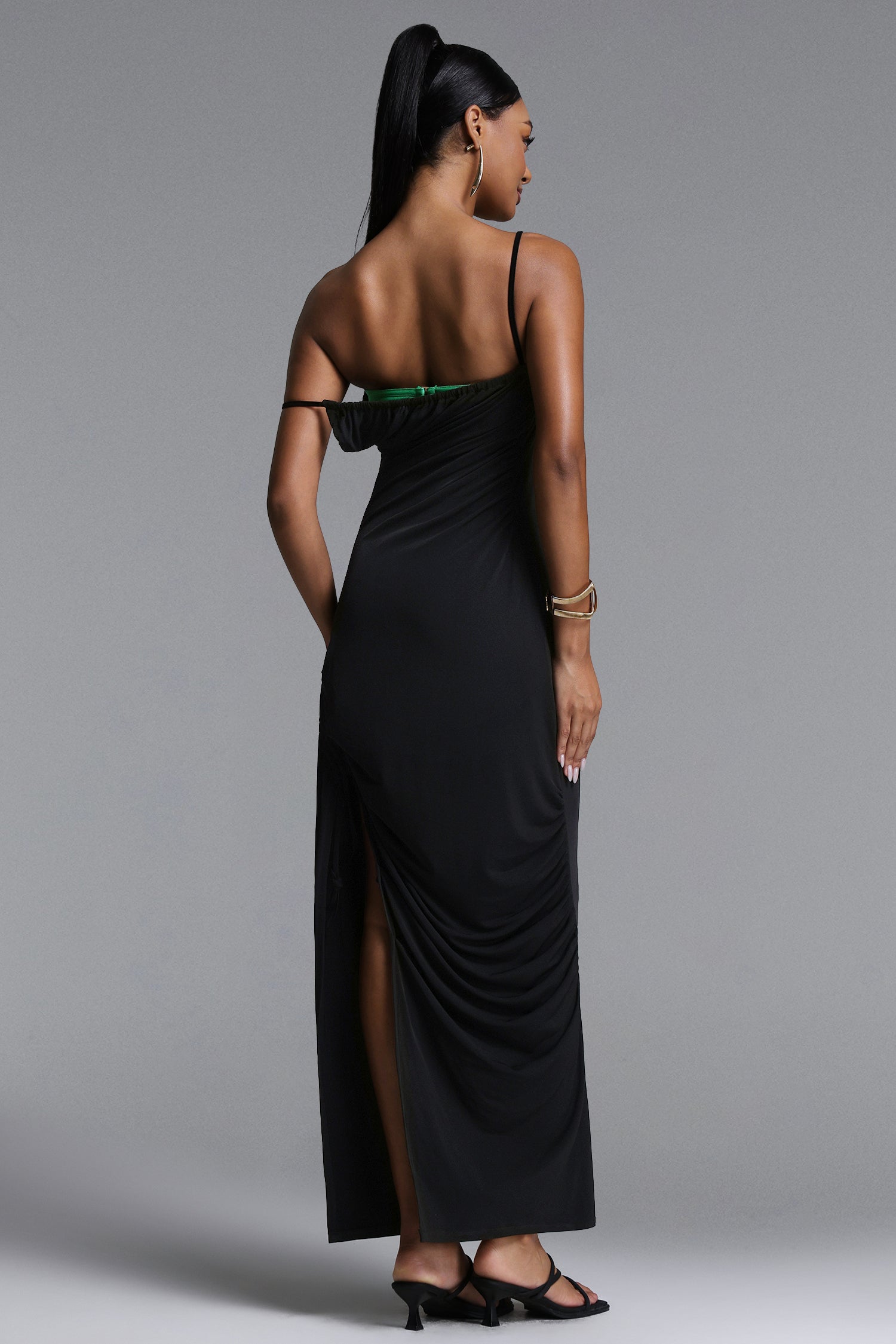 Shaha Sexy Contour High Slit Ruched Contrast Maxi Dress