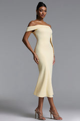 Euran Elegant Contour Off Shoulder Tie Side Slit Maxi Dress