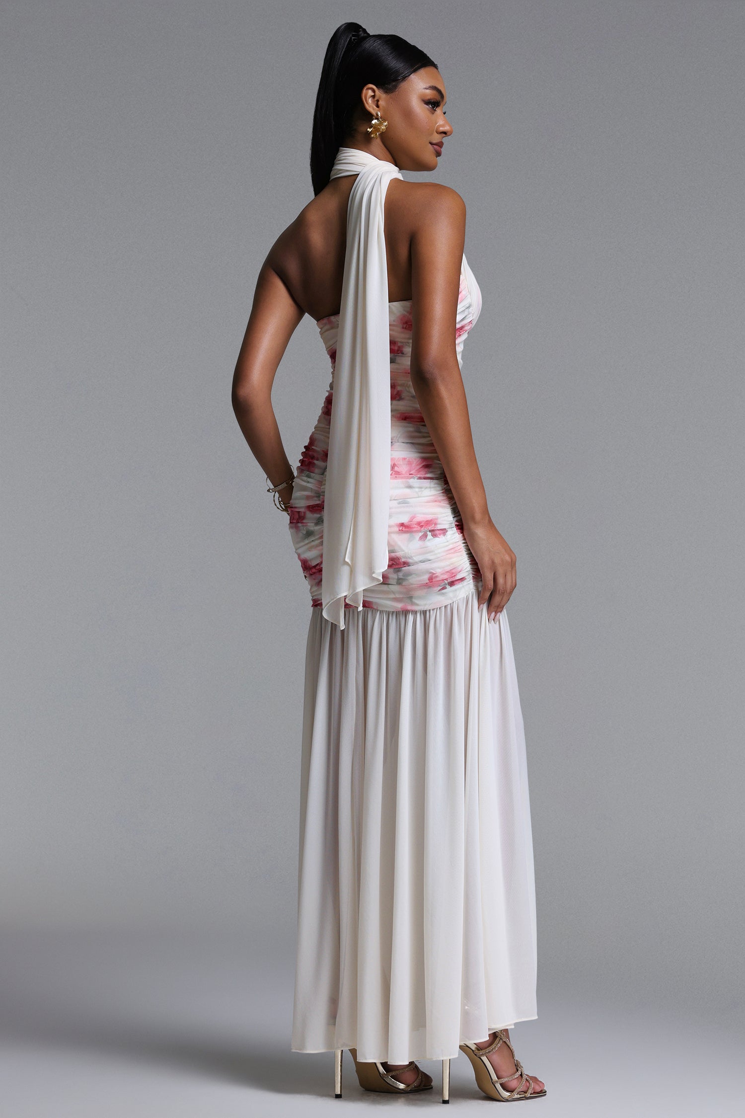 Margarete Romantic Contour Halter Ruched Floral Print Mesh Maxi Dress