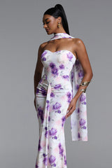 Olivia Romantic Contour Strapless Scarf Ruched Floral Print Mesh Maxi Dress