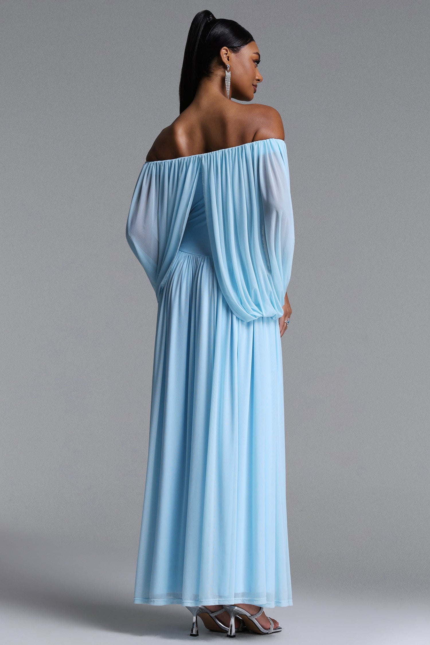 Harena Elegant Contour Off Shoulder Ruched Blue Maxi Dress