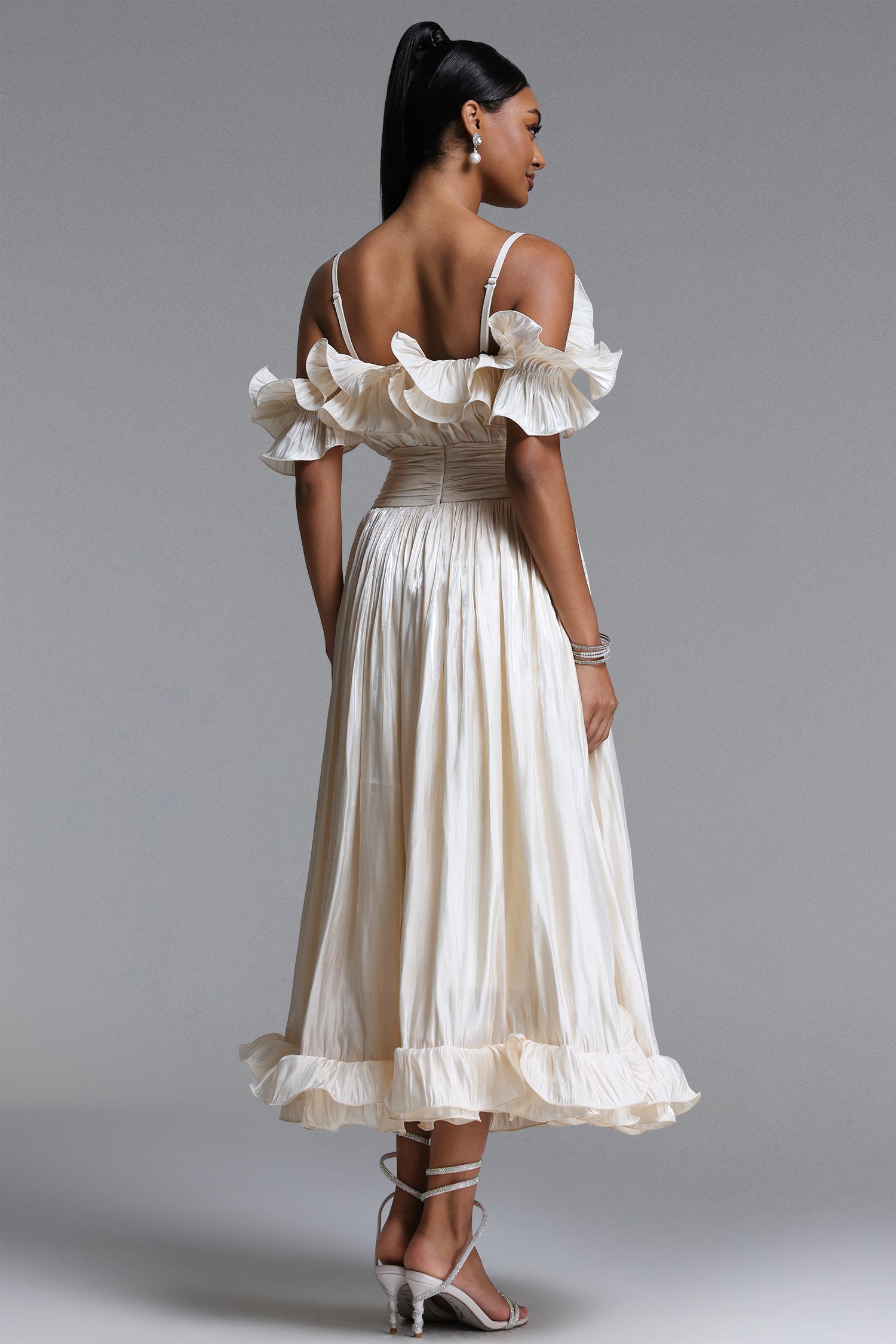 Suku Elegant Flowy Off Shoulder Ruched Maxi Dress