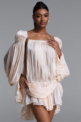 Eamon Romantic Flowy Long Sleeve Pleated Satin Mini Dress