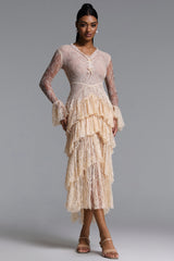 Kianala Romantic Flowy V Neck Long Sleeve Ruffle Lace Maxi Dress
