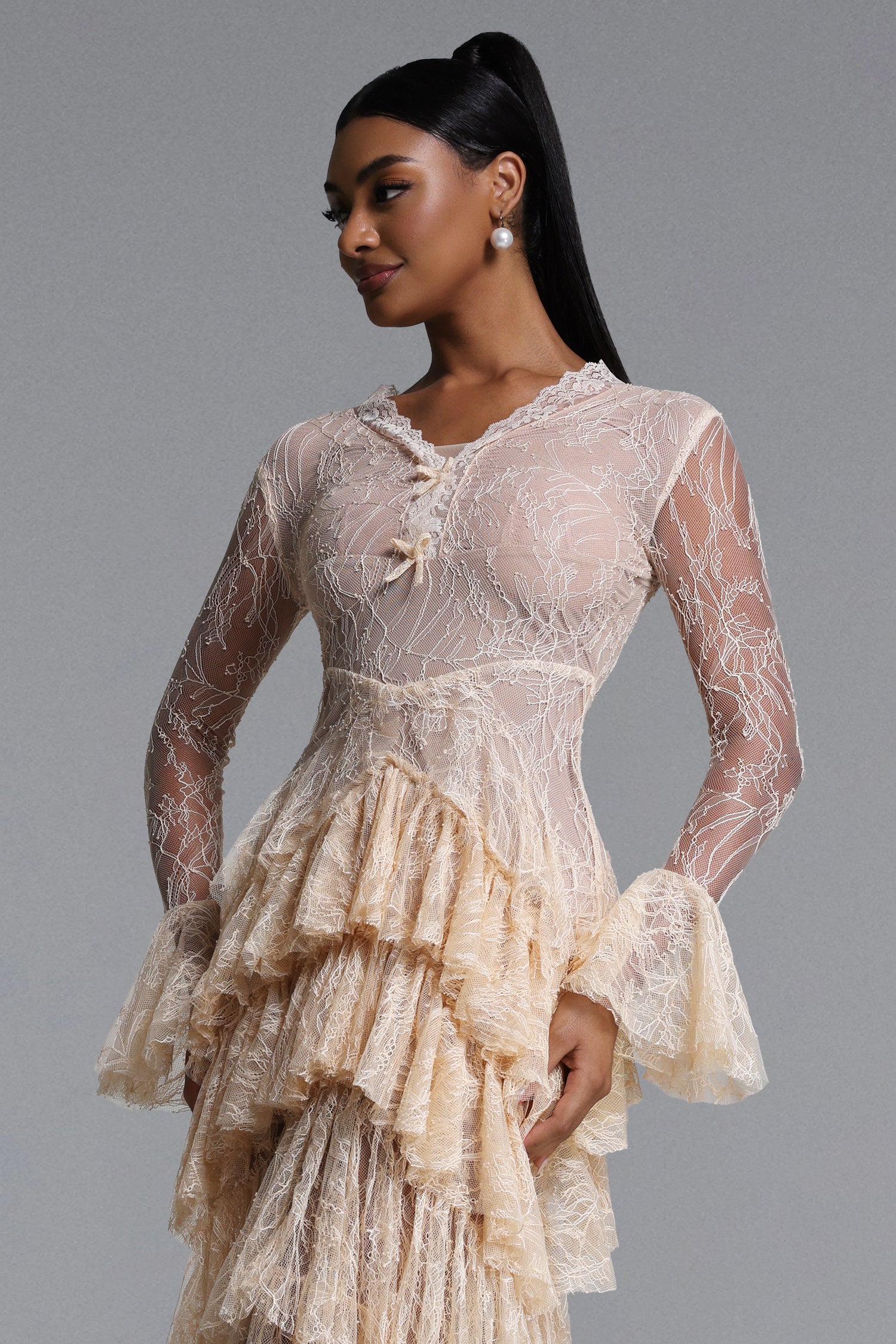 Kianala Romantic Flowy V Neck Long Sleeve Ruffle Lace Maxi Dress