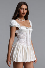 Huresa Chic Tailored Short Sleeve Bow Woven Mini Dress