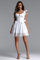 Henrietta Resort Flowy Short Sleeve Bow Ruched Woven Mini Dress
