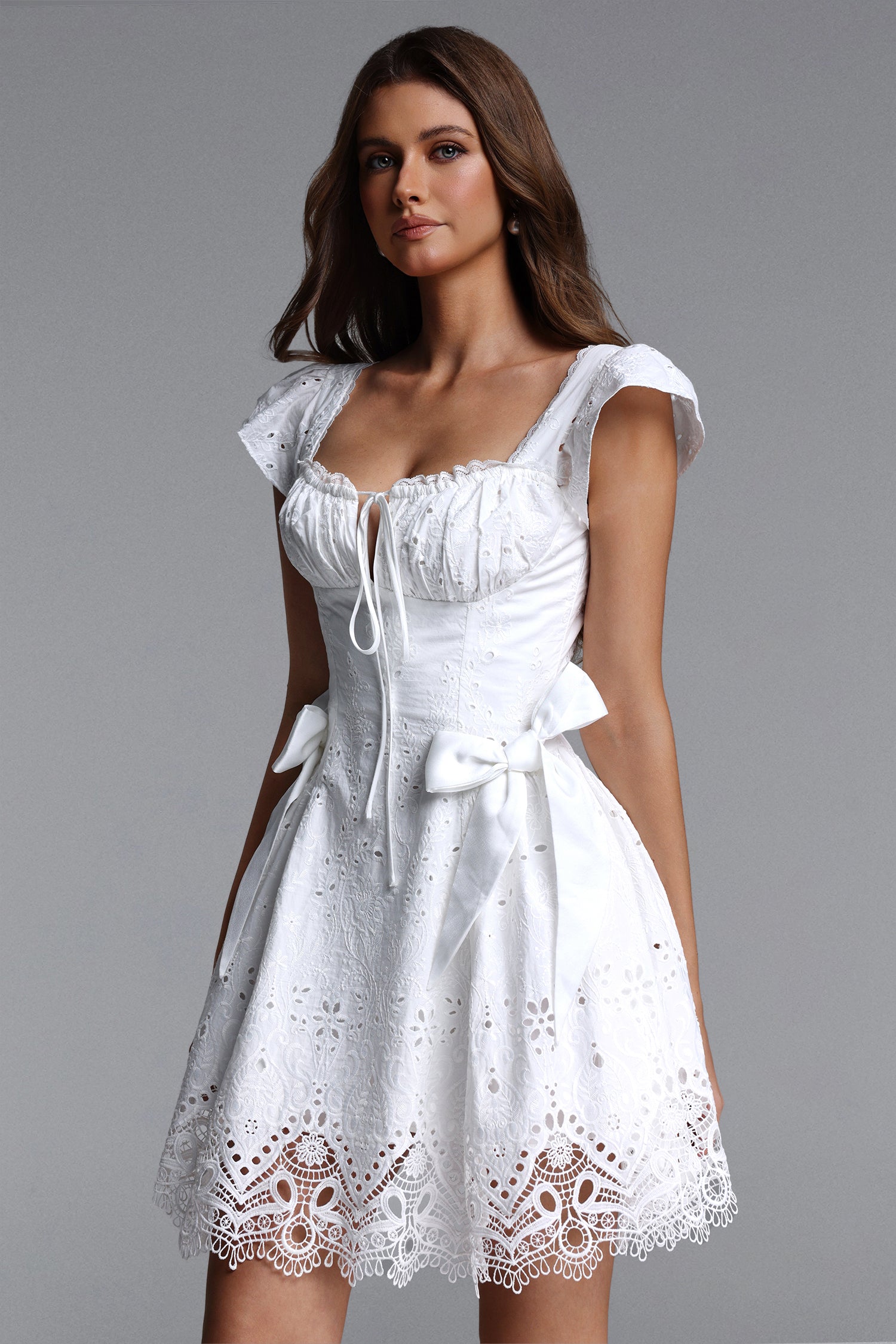Henrietta Resort Flowy Short Sleeve Bow Ruched Woven Mini Dress