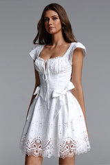 Henrietta Resort Flowy Short Sleeve Bow Ruched Woven Mini Dress