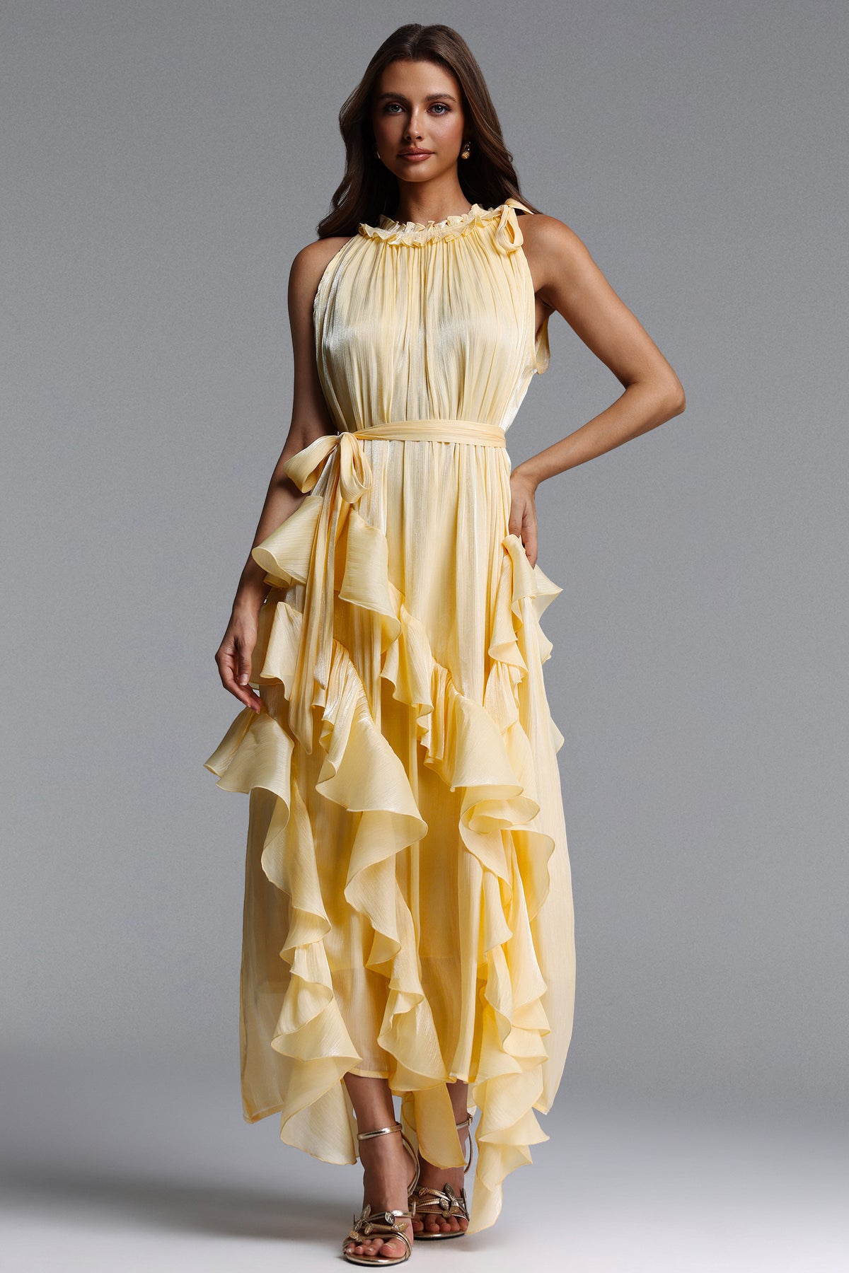 Dazie Resort Flowy Sleeveless Ruffle Organza Maxi Dress