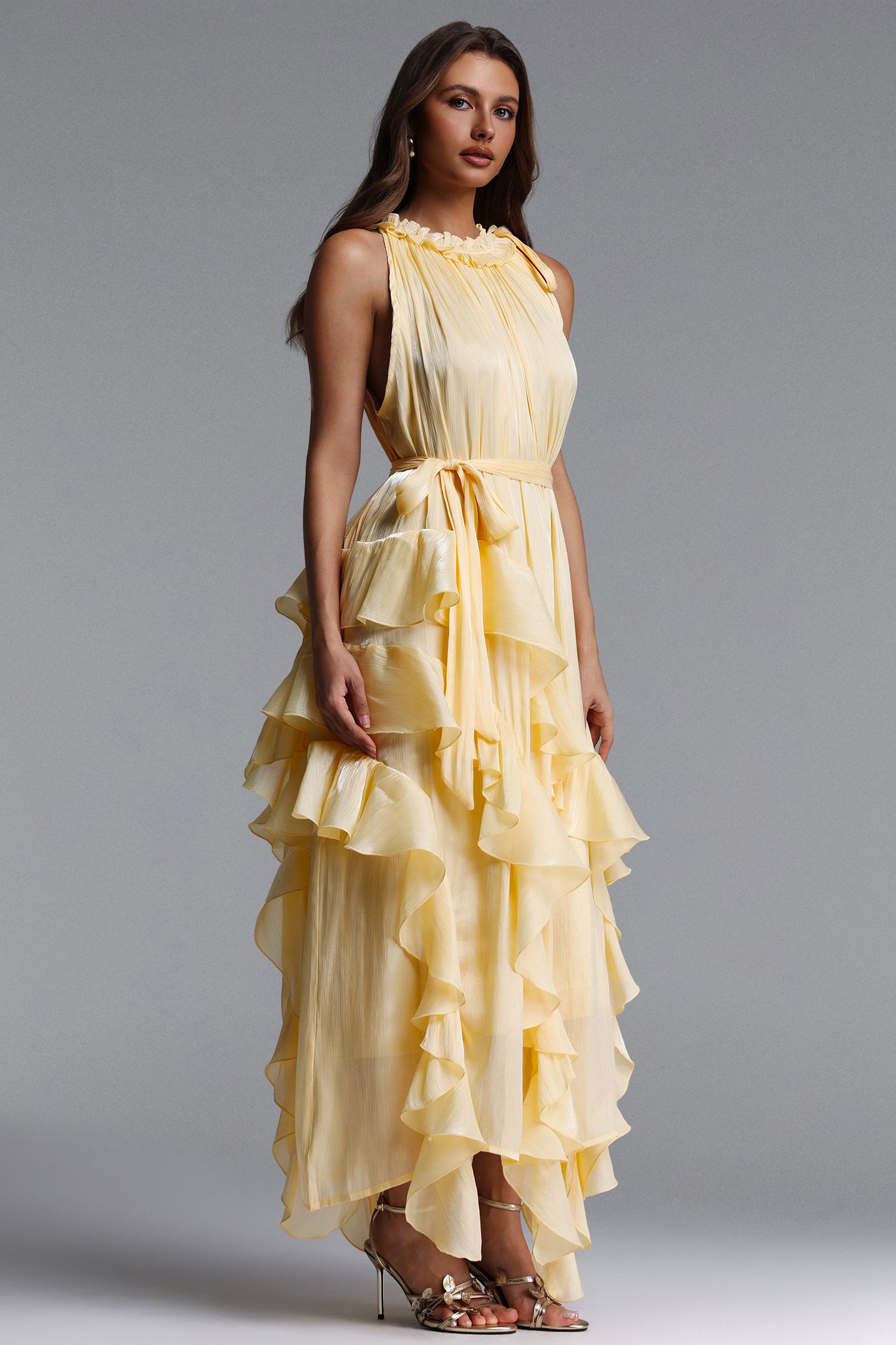 Dazie Resort Flowy Sleeveless Ruffle Organza Maxi Dress