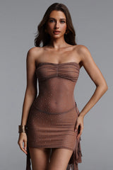 Joclyn Sexy Contour Sleeveless Ruffle Rhinestone Mesh Mini Dress