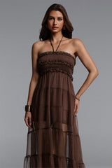 Nadine Resort Flowy Sleeveless Ruffle Ruched Mesh Maxi Dress