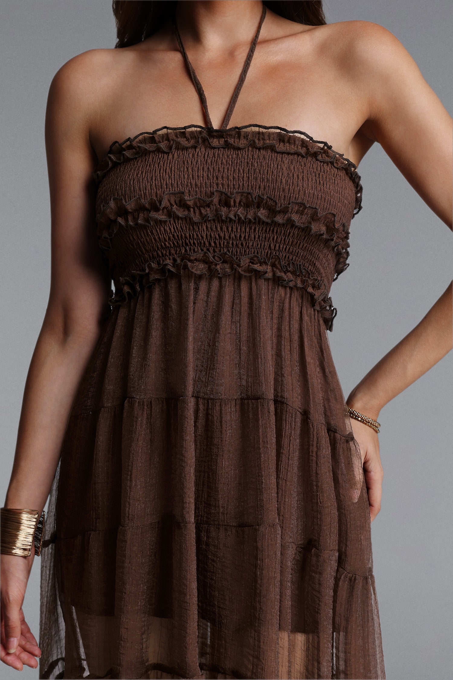 Nadine Resort Flowy Sleeveless Ruffle Ruched Mesh Maxi Dress