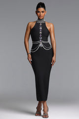 Opal Glamorous Contour Halter Rhinestone Pearl Bandage Maxi Dress