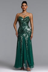 Sally Glamorous Contour Strapless Sequin Green Maxi Dress