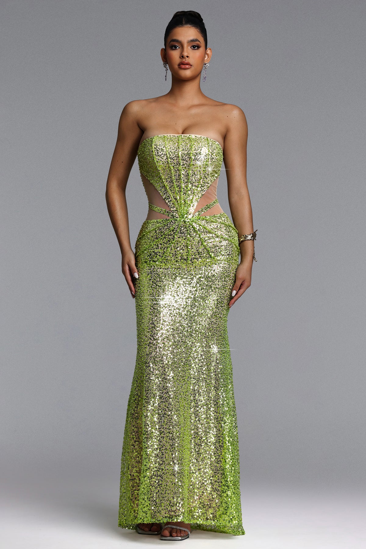 Kerlin Elegant Contour Strapless Cut Out Sequin Maxi Dress