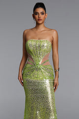 Kerlin Elegant Contour Strapless Cut Out Sequin Maxi Dress