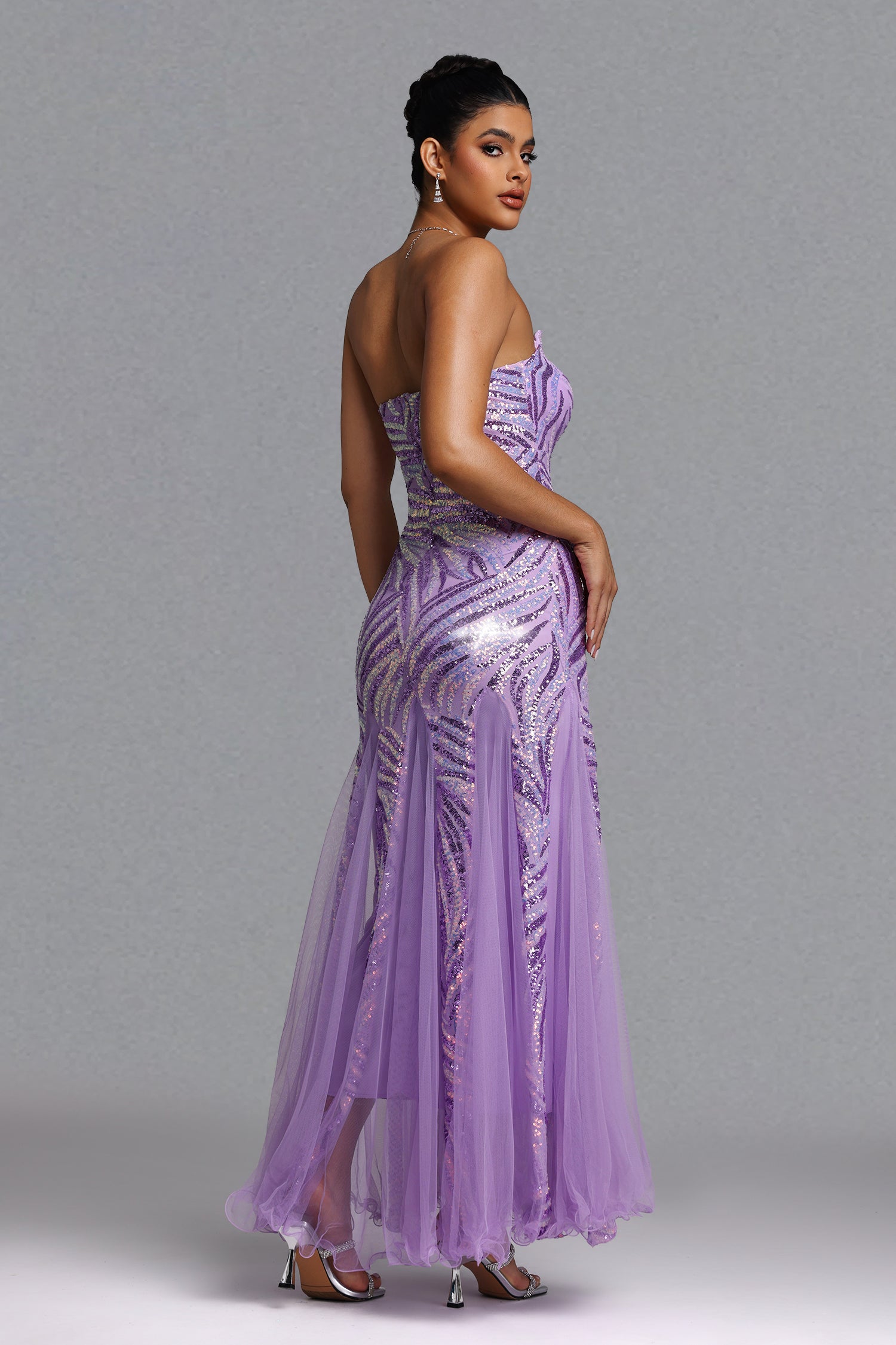 Sally Glamorous Contour Strapless Sequin Purple Maxi Dress