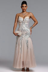 Sally Glamorous Contour Strapless Sequin Beige Maxi Dress