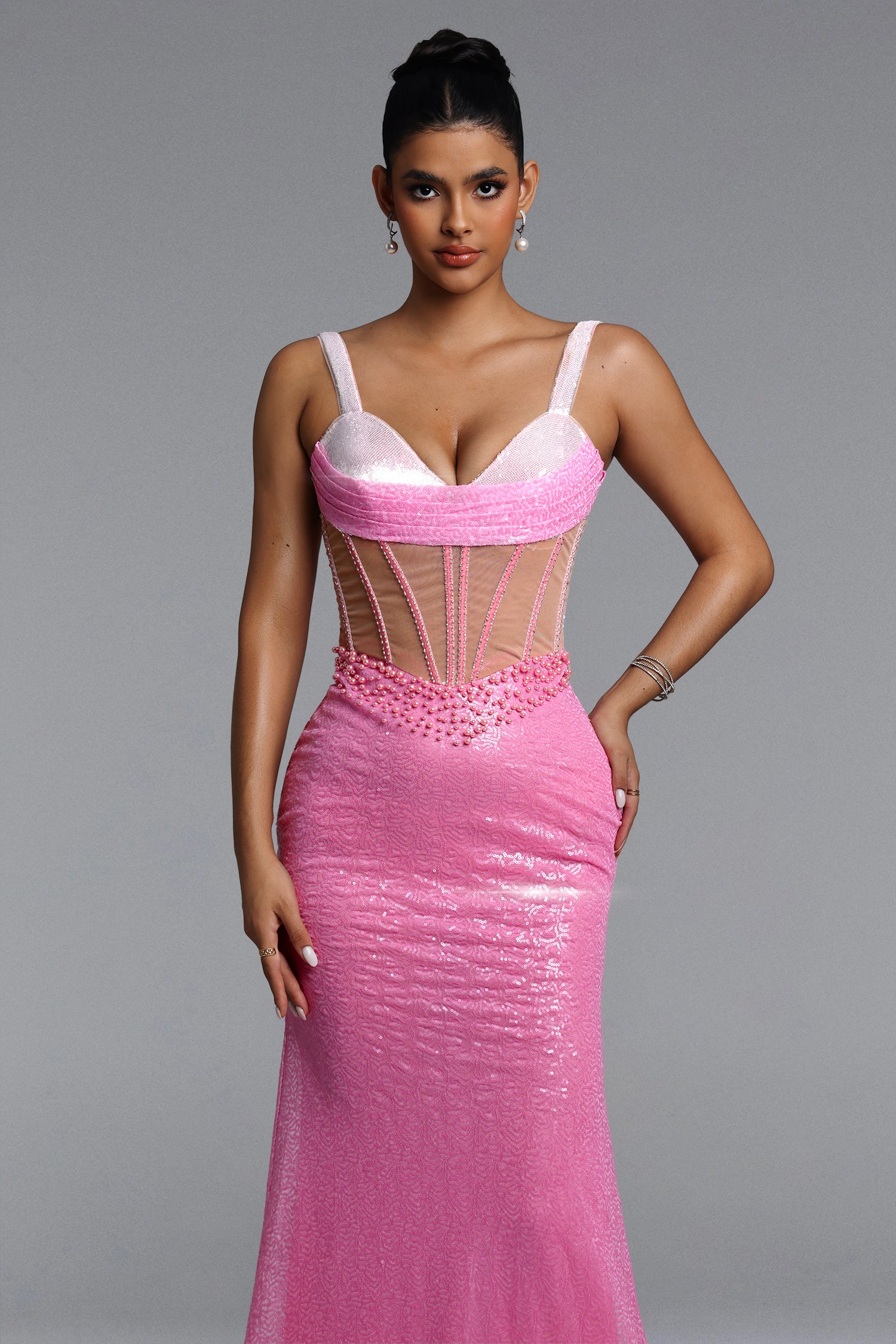 Tati Romantic Contour Cut Out Pearl Sequin Maxi Dress
