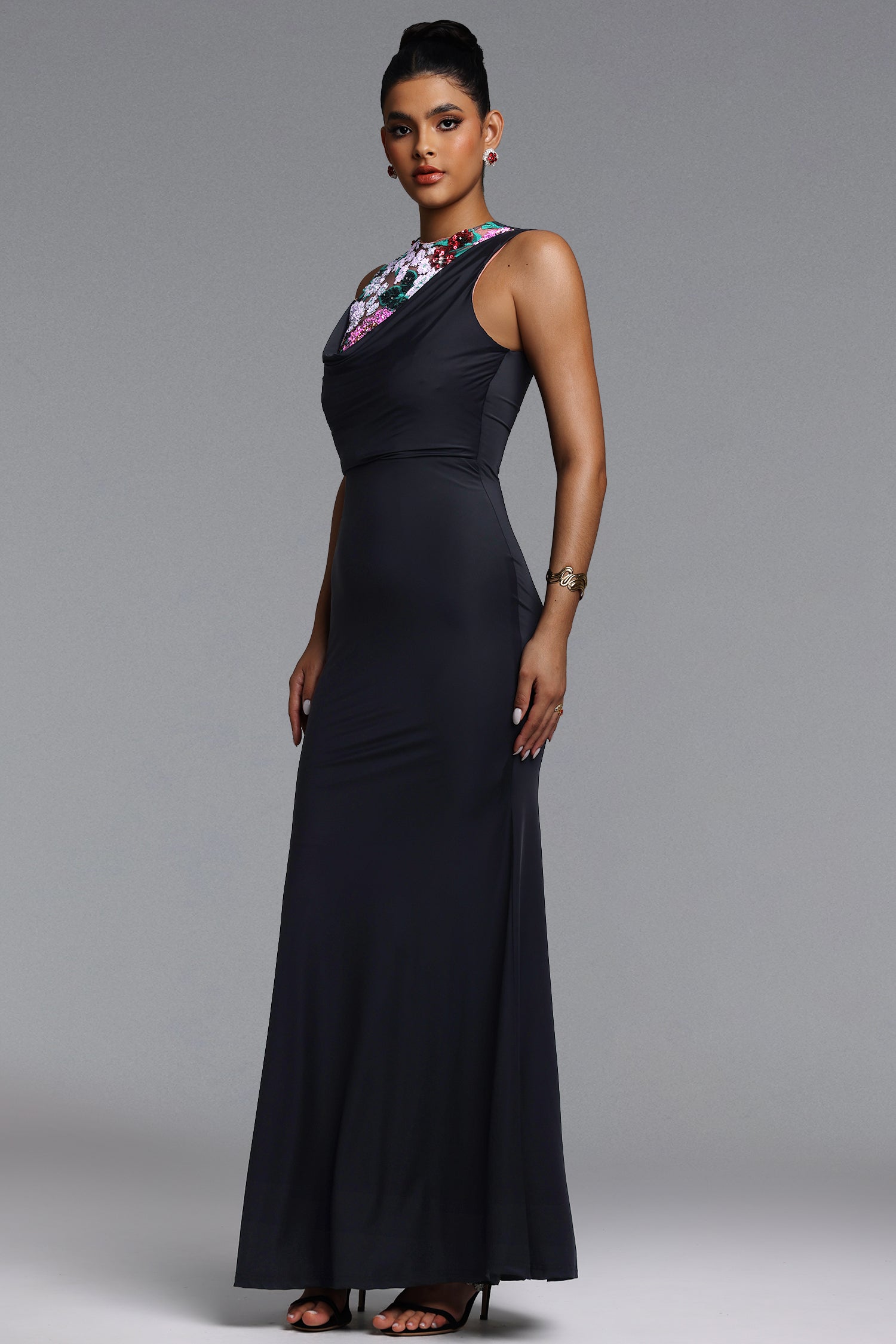 Racer Chic Contour Sleeveless Embellished Floral Sequin Maxi Dress