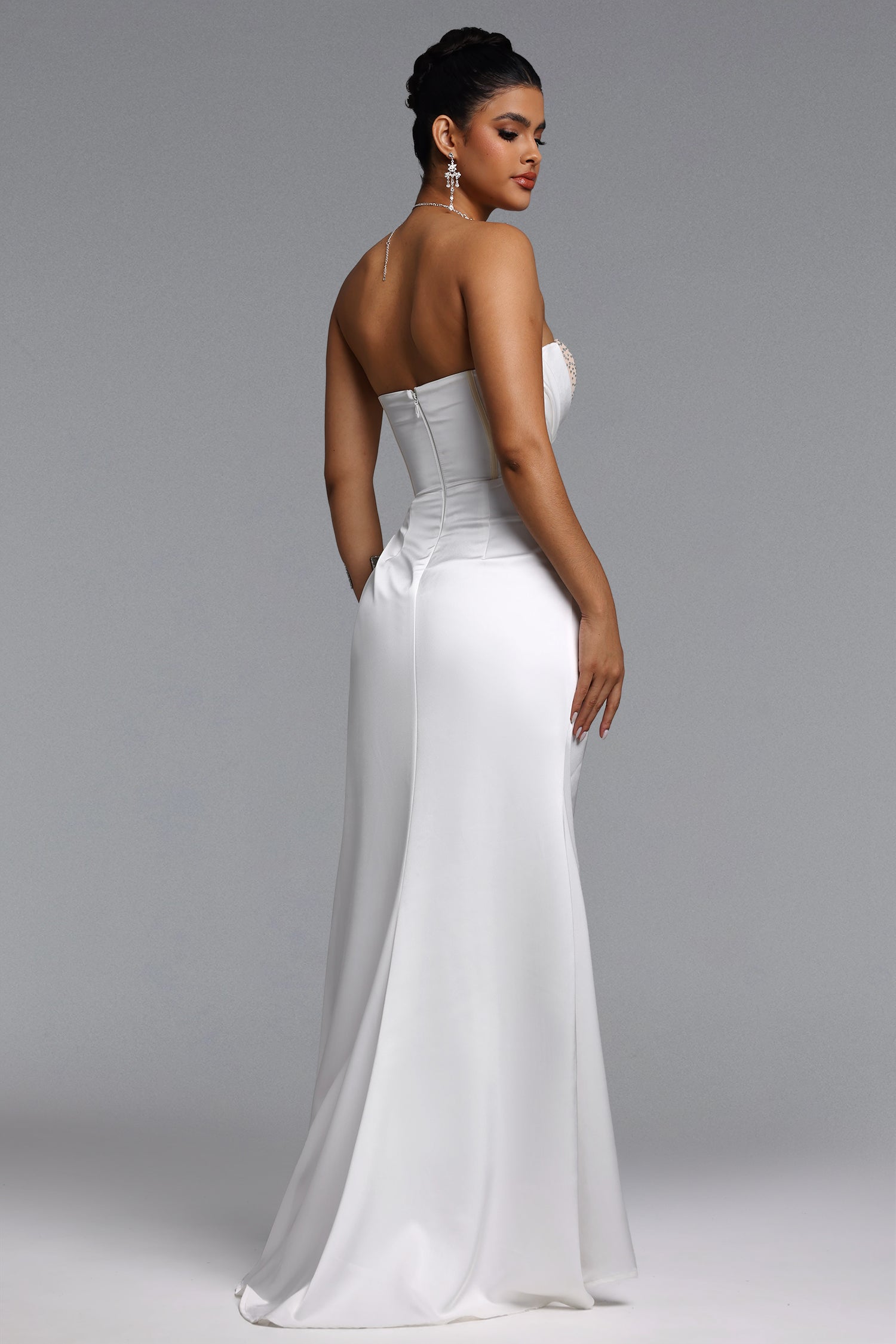 Kapol Elegant Tailored Strapless Pleated Crystal Maxi Dress