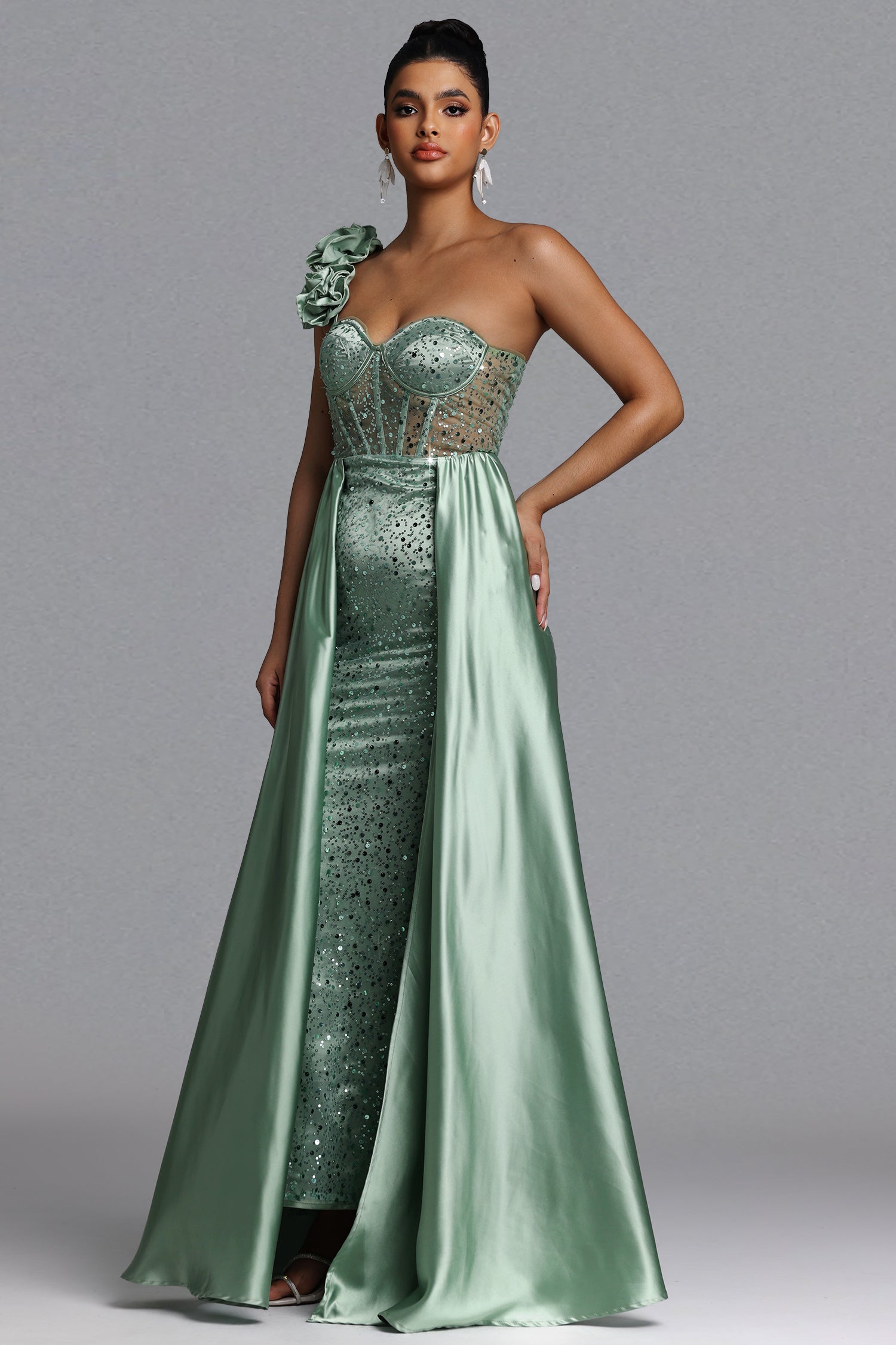Zeren Elegant Tailored One Shoulder Sequin Maxi Dress