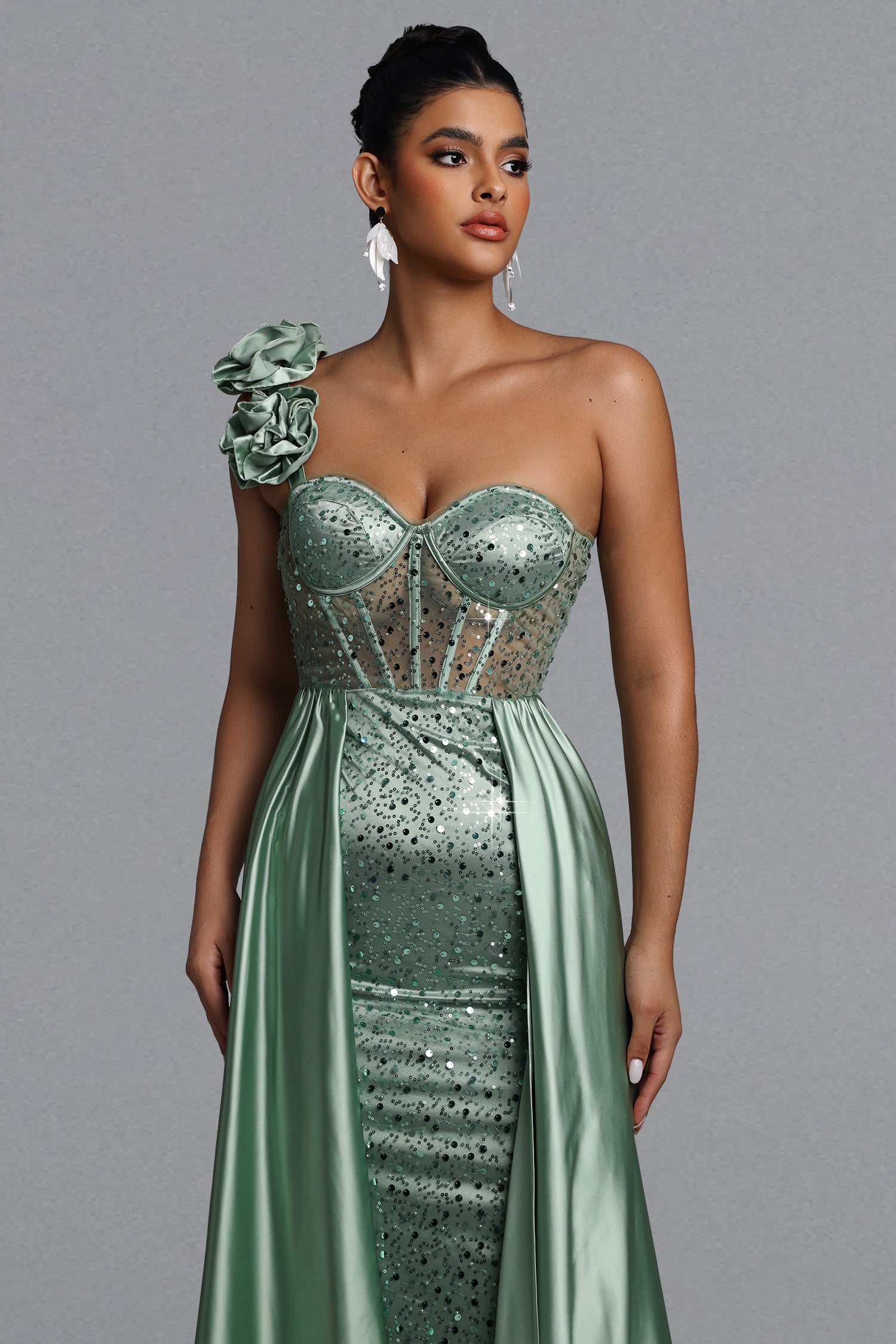 Zeren Elegant Tailored One Shoulder Sequin Maxi Dress