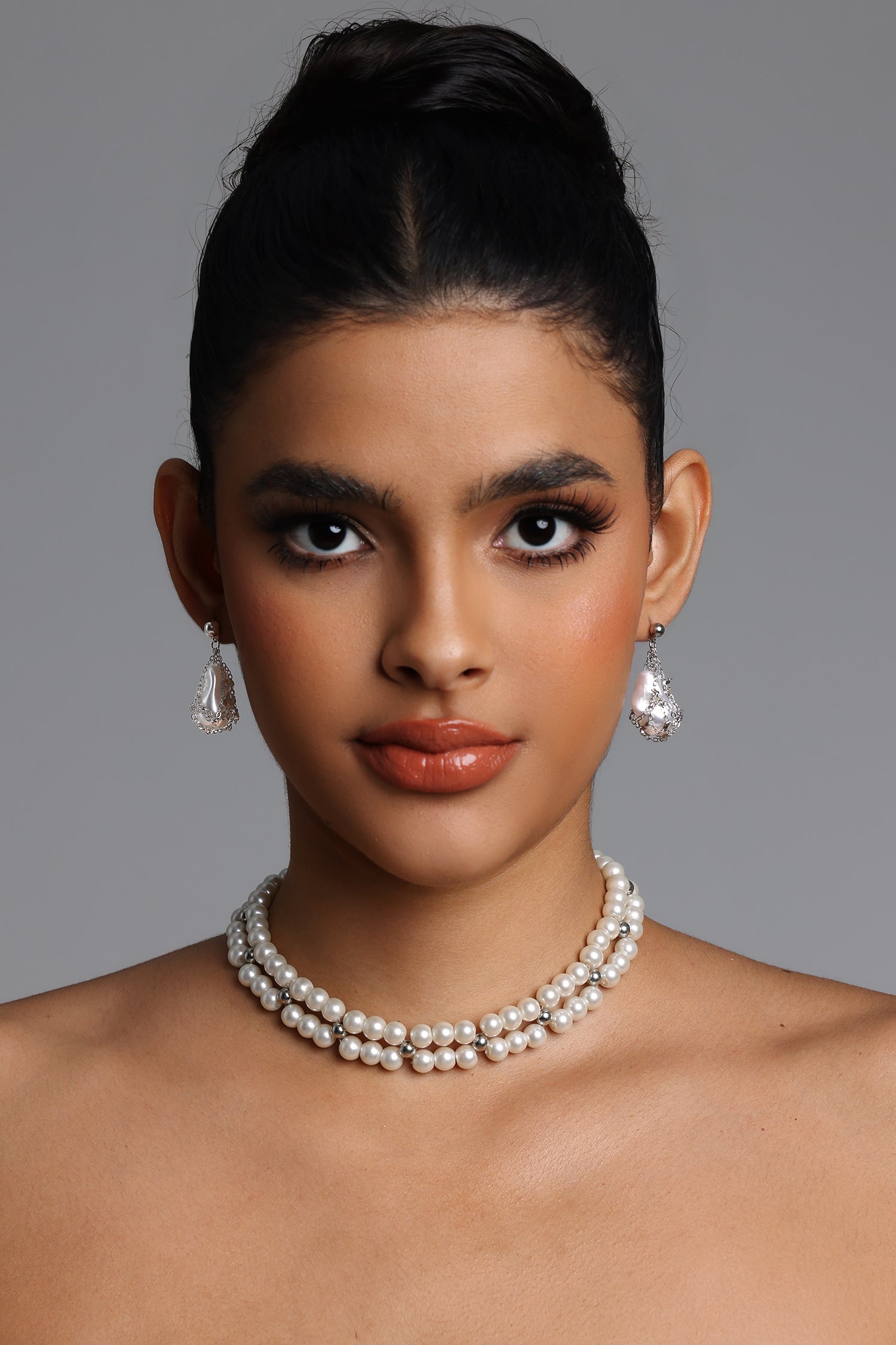 Pinky Net Wrapped Pearl Drop Earrings