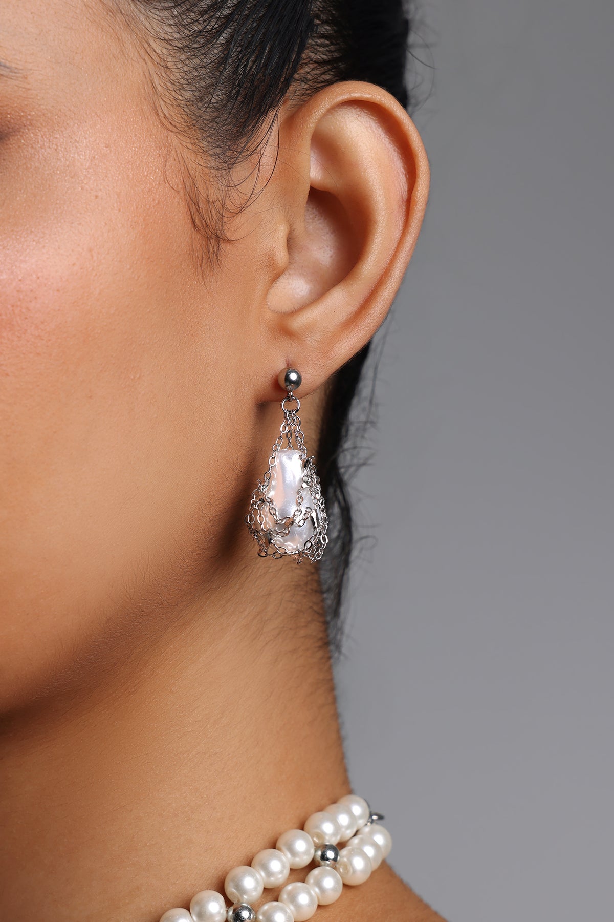 Pinky Net Wrapped Pearl Drop Earrings