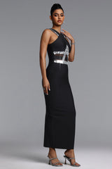 Oyata Chic Contour Halter Sequin Bandage Maxi Dress