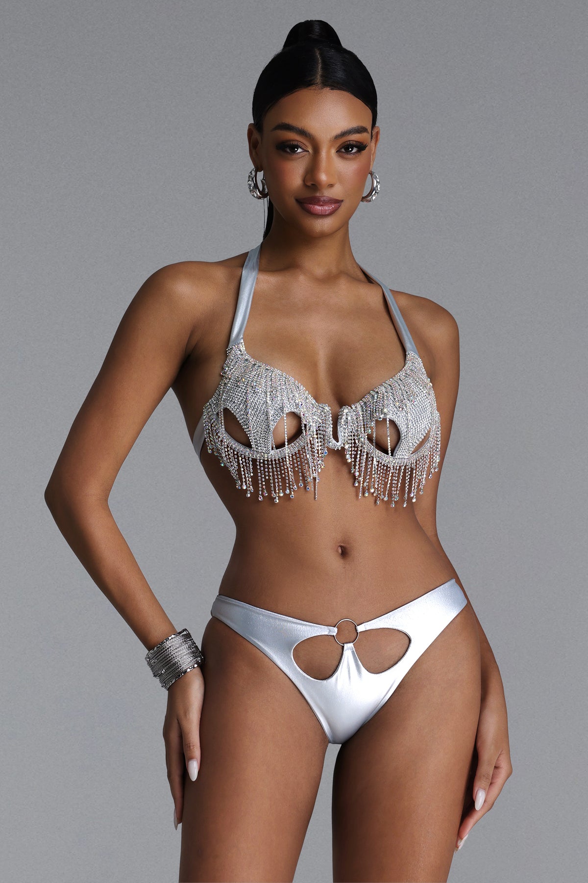 Romia Glamorous Halter Cut Out Rhinestone Fringe Bikini Set