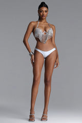 Doris Glamorous Halter Rhinestone Fringe Silver Bikini Set