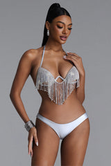 Doris Glamorous Halter Rhinestone Fringe Silver Bikini Set