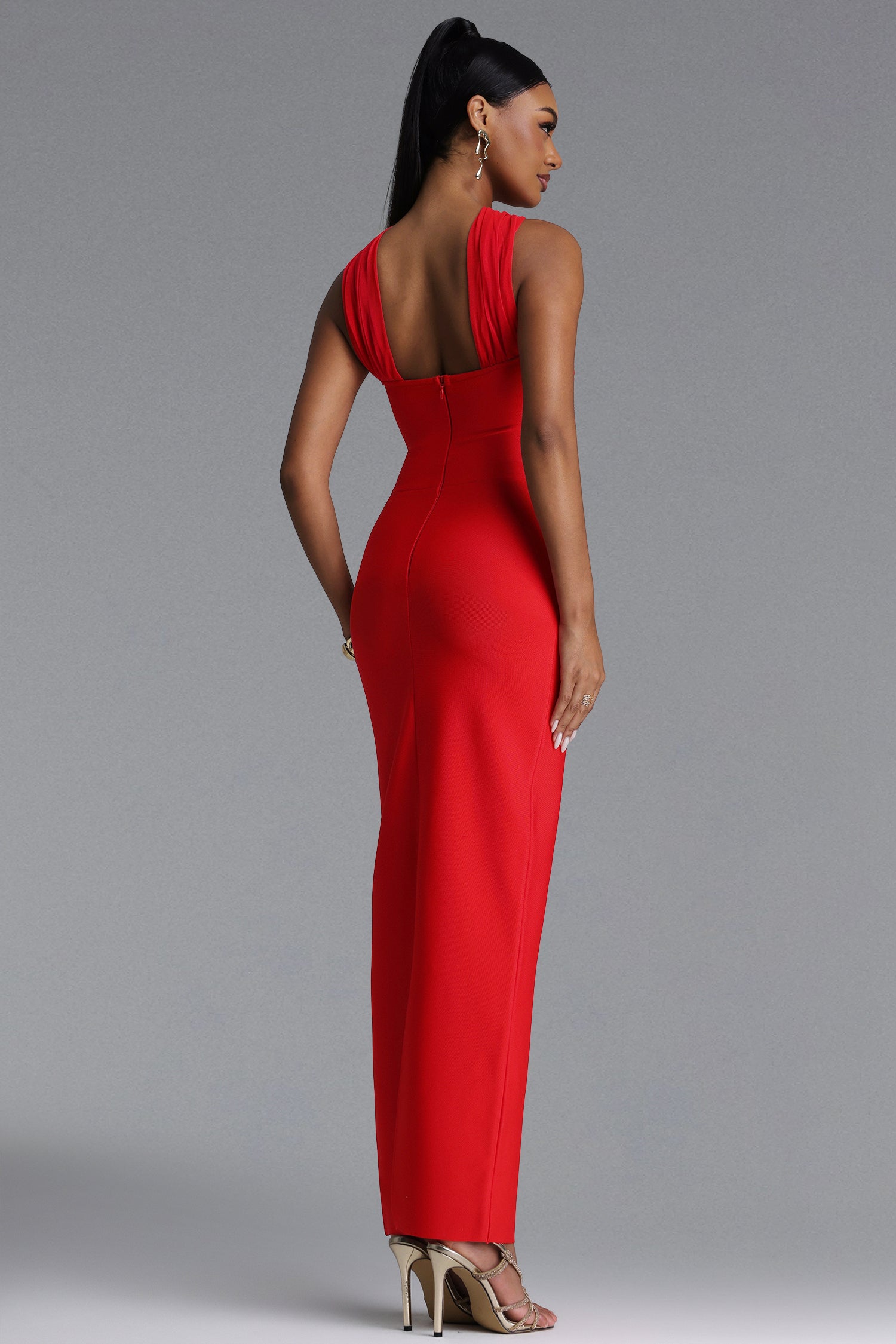 Egbert Chic Contour Halter Star Ruched Mesh Bandage Maxi Dress