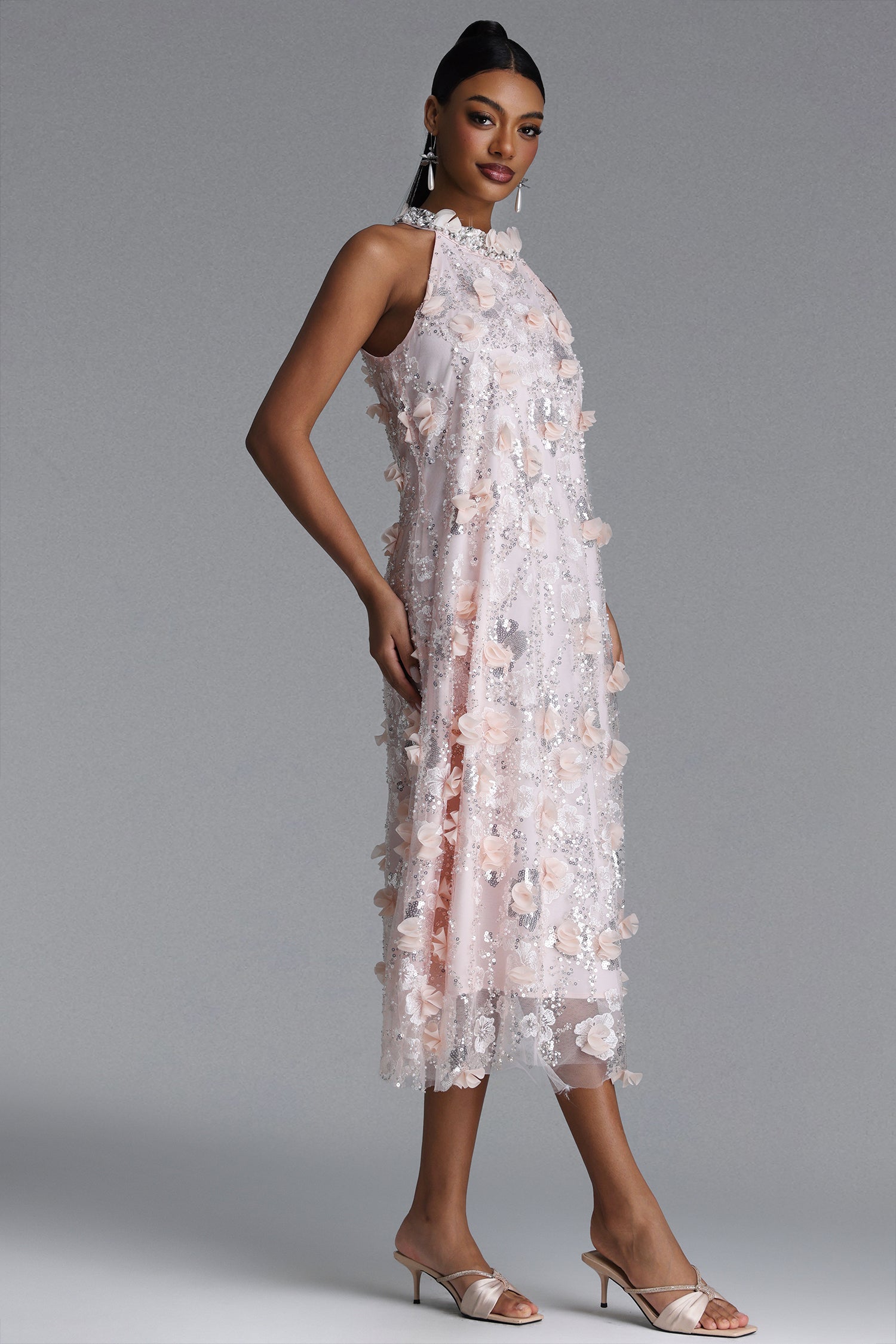 Faithe Elegant Tailored Halter Floral Sequin Maxi Dress