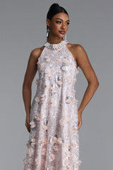 Faithe Elegant Tailored Halter Floral Sequin Maxi Dress