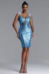 Minon Chic Contour Deep V Feather Sequin Midi Dress