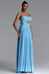 Prunella Elegant Contour Strapless Cut Out Ruched Mesh Maxi Dress