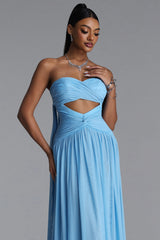 Prunella Elegant Contour Strapless Cut Out Ruched Mesh Maxi Dress