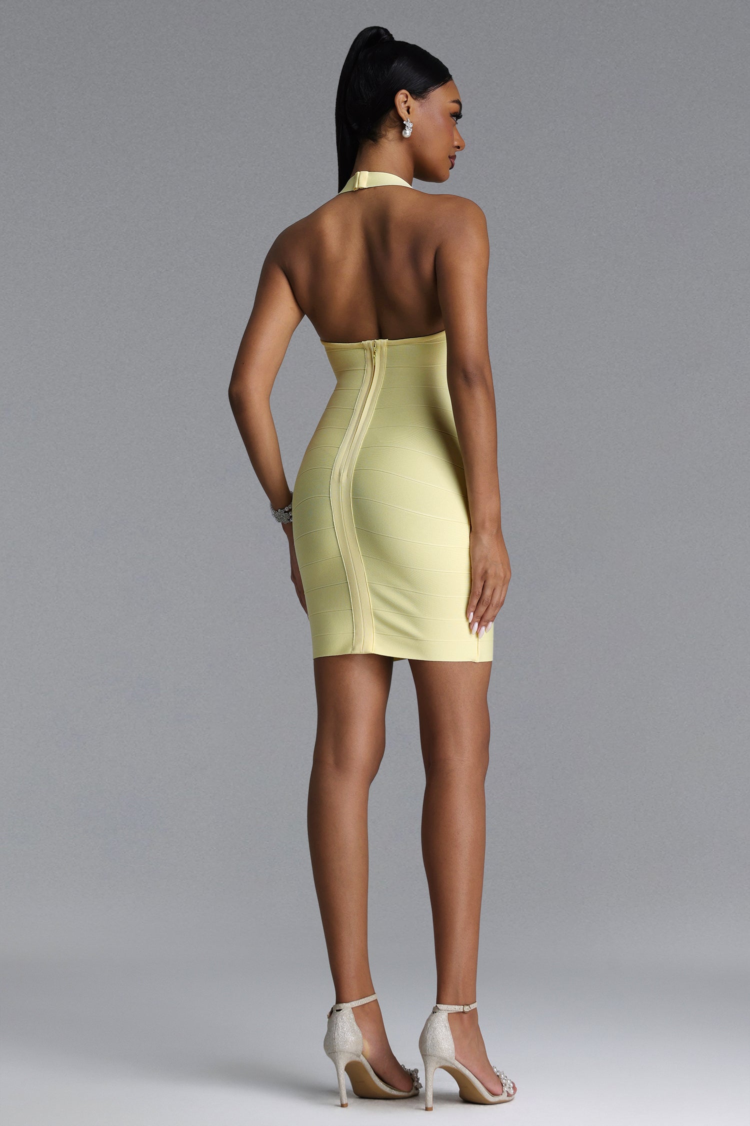 Easton Classic Contour Halter Stripe Bandage Yellow Maxi Dress