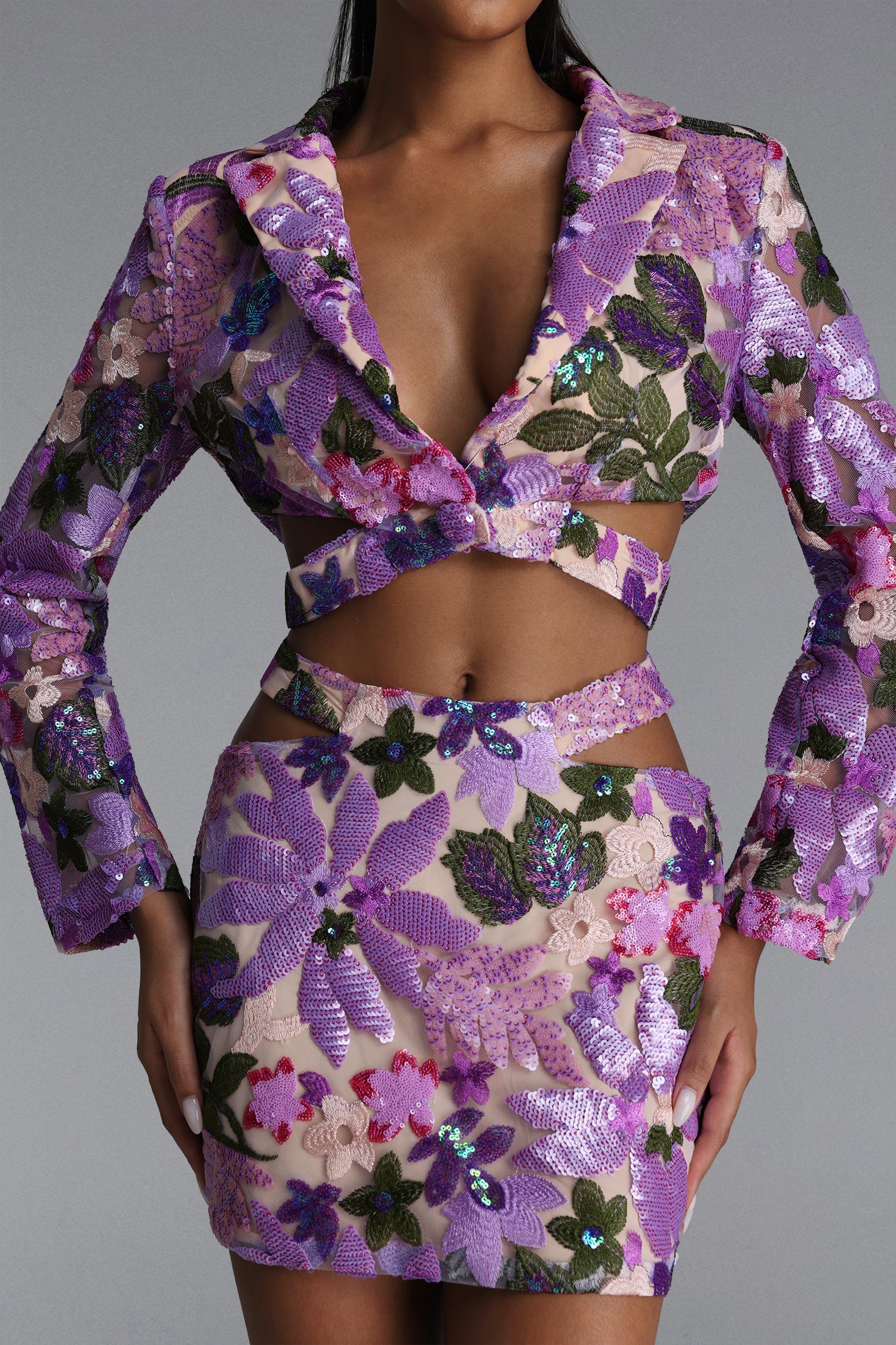 Yarera Romantic Tailored Sequin Floral Blazer and Skirt Set