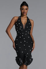 Dolo Chic Contour Halter Deep V Beaded Rhinestone Floral Bandage Midi Dress