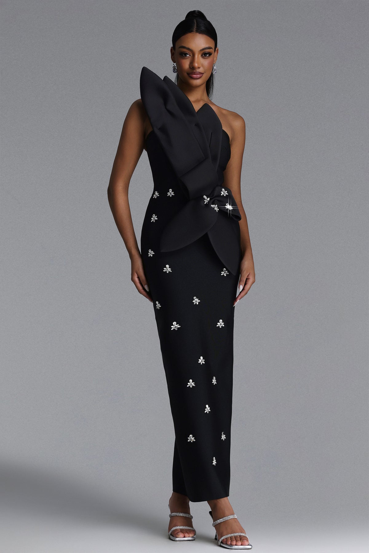 Ohney Chic Contour Strapless Asymmetric Rhinestone Black Bandage Maxi Dress