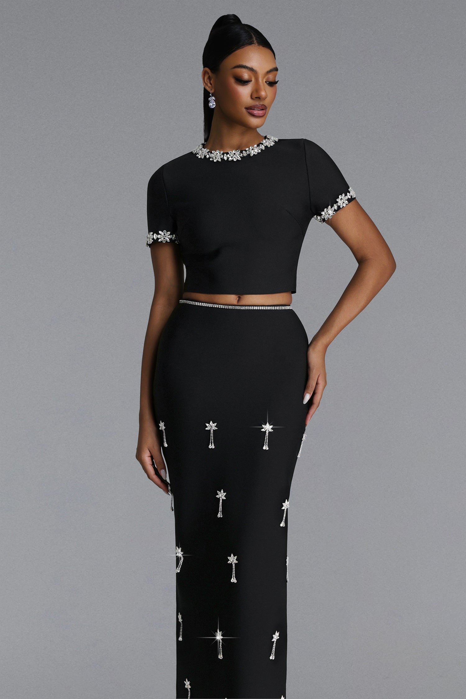 Lula Classic Contour Short Sleeve Rhinestone Bandage Maxi Dress