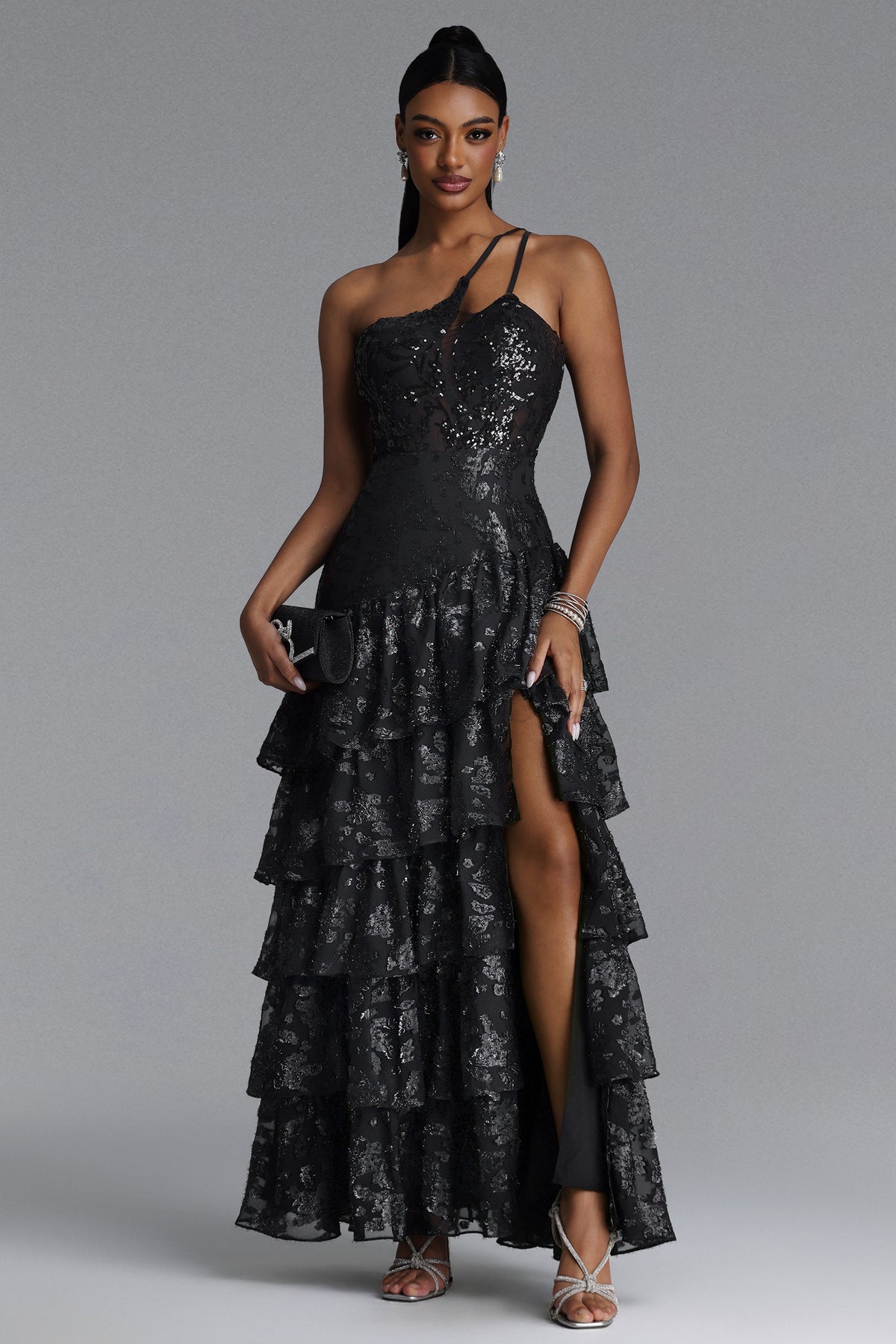 Shaney Elegant Contour One Shoulder Tiered Ruffle Lace Maxi Dress